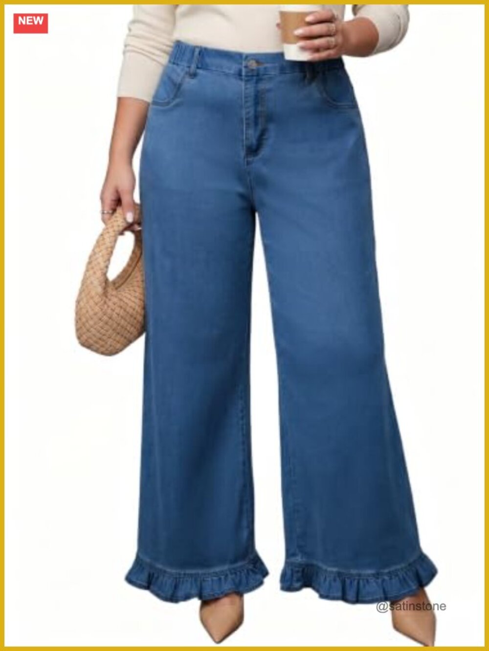 Plus Size Wide Leg High Waist Ruffle Hem Jeans with Pockets